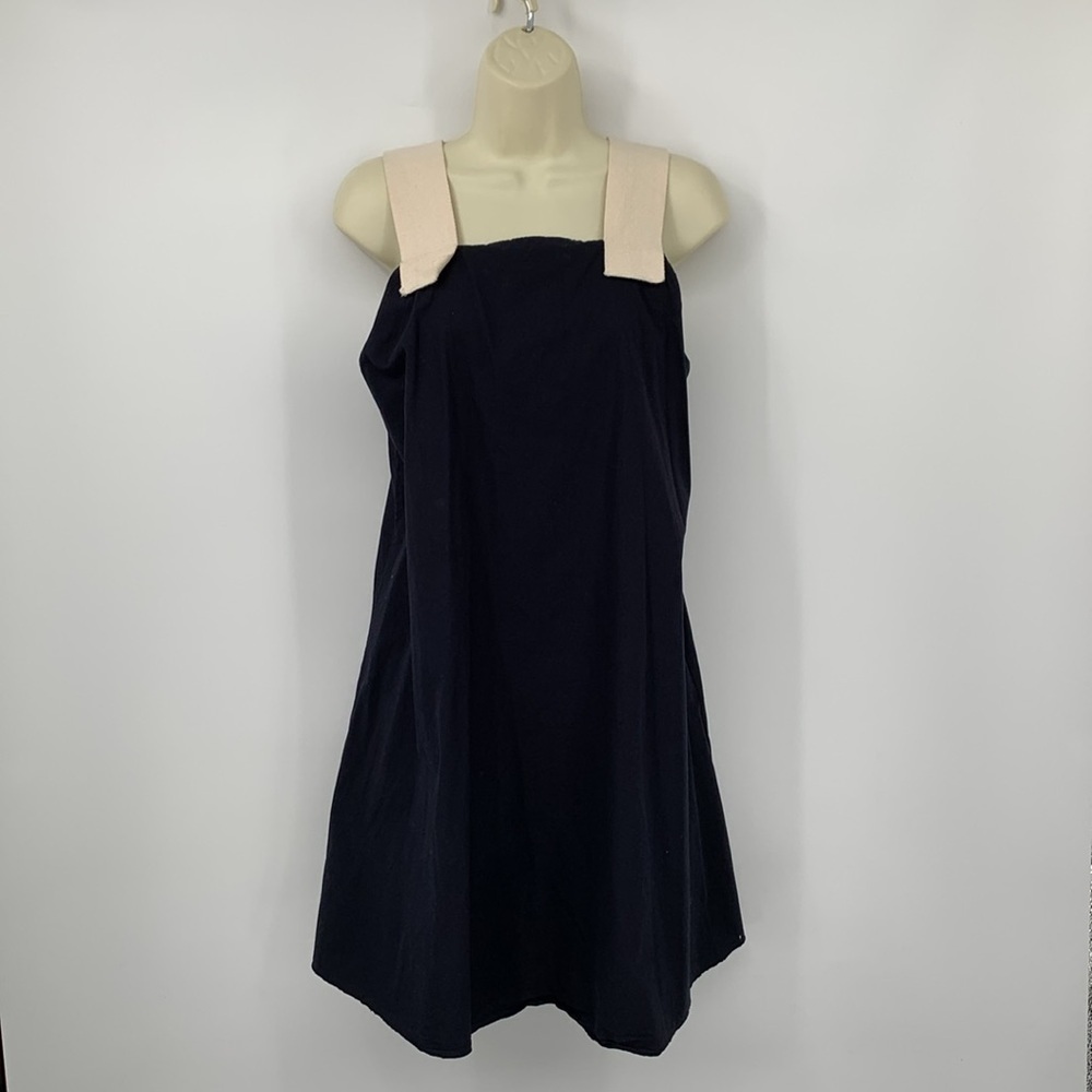 AVN a-line shift dress navy blue poplin cream woven straps 40 6